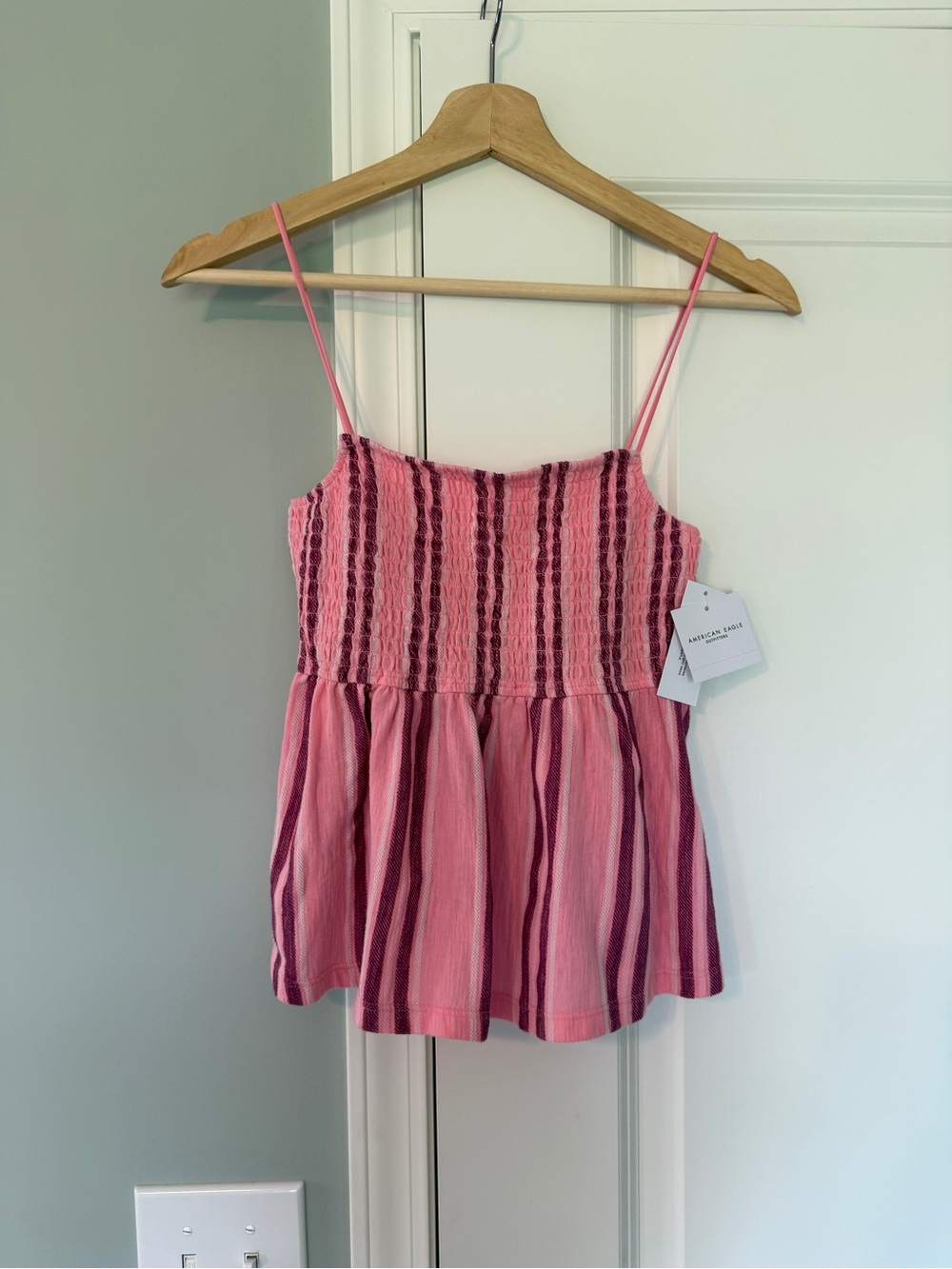 American Eagle Outfitters Pink Striped Smocked Babydoll Tank